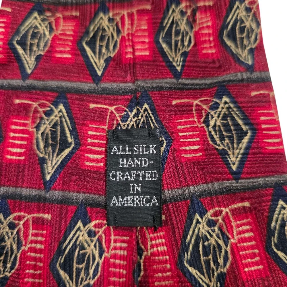 J.Z. Richards Silk‎ Geometric Pattern Tie Red Gold Hand Crafted USA Necktie